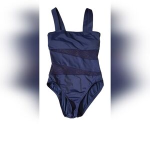 DKNY Mesh Effect Splice Maillot One Piece Swimsuit Navy Blue Size 6 Square Neck
